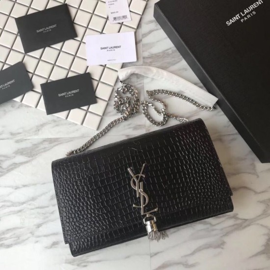 Replica YSL Saint Laurent Medium Kate Monogram Tassel Croco Leather Shoulder Bag Black Silver