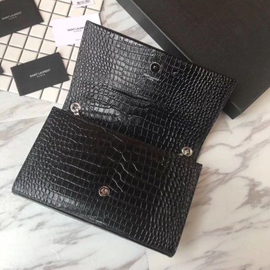 Replica YSL Saint Laurent Medium Kate Monogram Tassel Croco Leather Shoulder Bag Black Silver