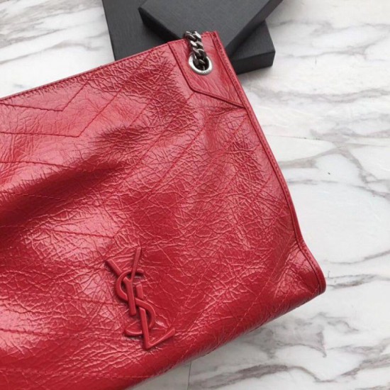 Fake YSL Saint Lauren Niki Medium Shopping Bag Crinkled Vintage Leather Red Replica