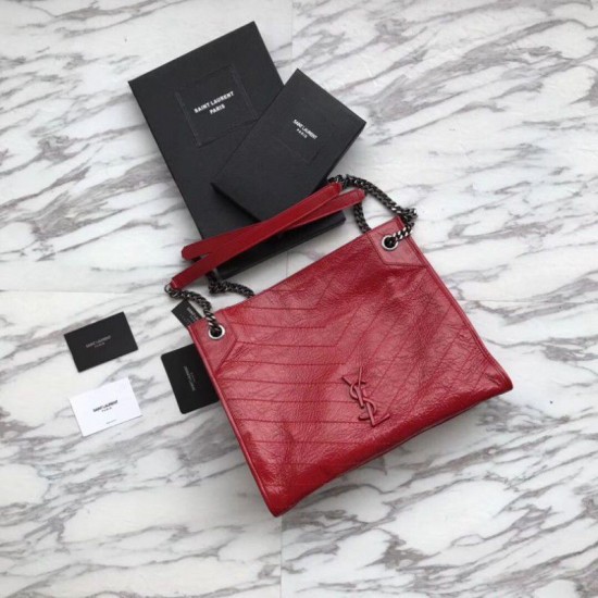 Fake YSL Saint Lauren Niki Medium Shopping Bag Crinkled Vintage Leather Red Replica