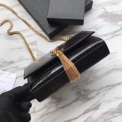 Replica YSL Saint Laurent Mini Kate Chain Wallet Crocodile Embossed Leather Black Gold Hardware