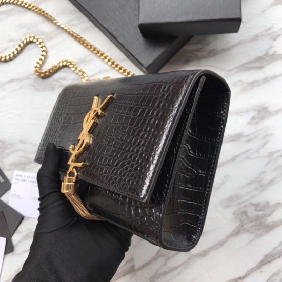 Replica YSL Saint Laurent Mini Kate Chain Wallet Crocodile Embossed Leather Black Gold Hardware