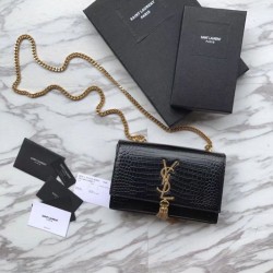 Replica YSL Saint Laurent Mini Kate Chain Wallet Crocodile Embossed Leather Black Gold Hardware