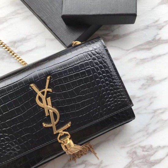 Replica YSL Saint Laurent Mini Kate Chain Wallet Crocodile Embossed Leather Black Gold Hardware