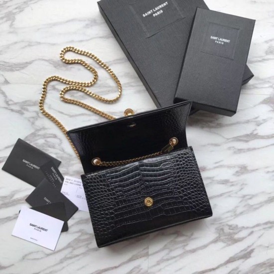 Replica YSL Saint Laurent Mini Kate Chain Wallet Crocodile Embossed Leather Black Gold Hardware