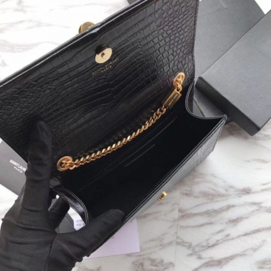 Replica YSL Saint Laurent Mini Kate Chain Wallet Crocodile Embossed Leather Black Gold Hardware
