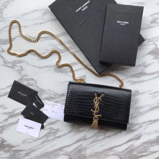 Replica YSL Saint Laurent Mini Kate Chain Wallet Crocodile Embossed Leather Black Gold Hardware