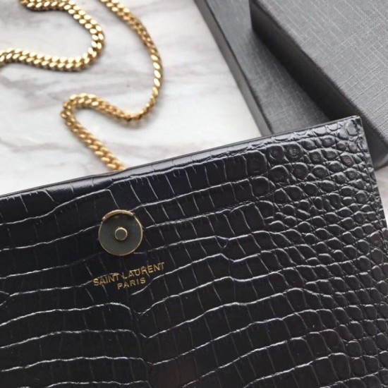 Replica YSL Saint Laurent Mini Kate Chain Wallet Crocodile Embossed Leather Black Gold Hardware