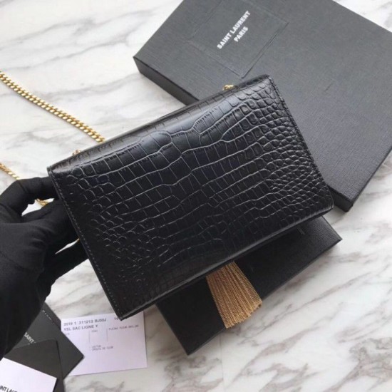 Replica YSL Saint Laurent Mini Kate Chain Wallet Crocodile Embossed Leather Black Gold Hardware