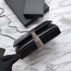 Replica YSL Saint Laurent Mini Kate Chain Wallet Crocodile Embossed Leather Black Silver Hardware