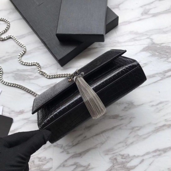 Replica YSL Saint Laurent Mini Kate Chain Wallet Crocodile Embossed Leather Black Silver Hardware