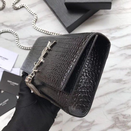Replica YSL Saint Laurent Mini Kate Chain Wallet Crocodile Embossed Leather Black Silver Hardware