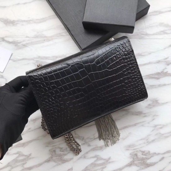 Replica YSL Saint Laurent Mini Kate Chain Wallet Crocodile Embossed Leather Black Silver Hardware