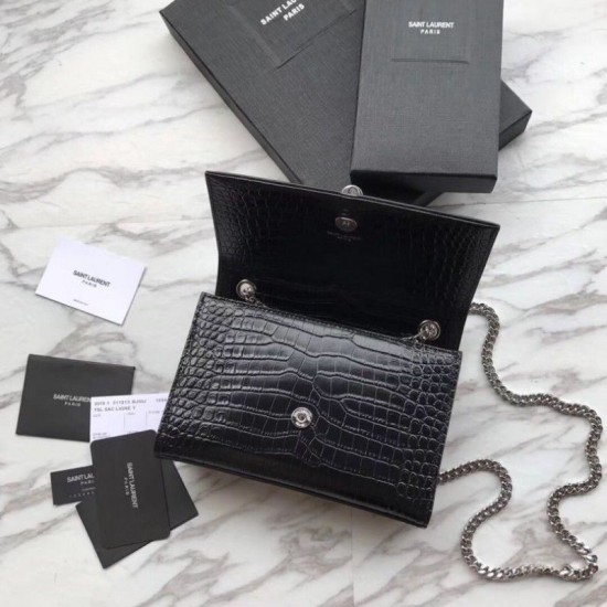 Replica YSL Saint Laurent Mini Kate Chain Wallet Crocodile Embossed Leather Black Silver Hardware