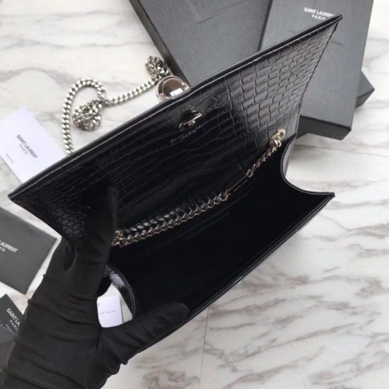 Replica YSL Saint Laurent Mini Kate Chain Wallet Crocodile Embossed Leather Black Silver Hardware