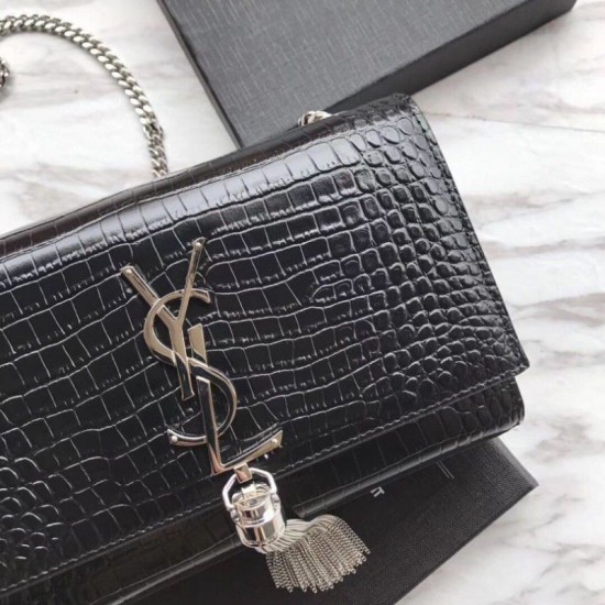 Replica YSL Saint Laurent Mini Kate Chain Wallet Crocodile Embossed Leather Black Silver Hardware