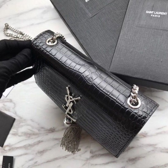Replica YSL Saint Laurent Mini Kate Chain Wallet Crocodile Embossed Leather Black Silver Hardware