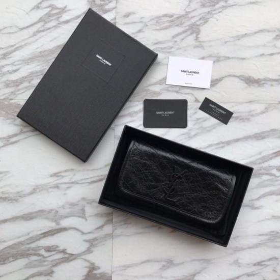 Fake YSL Saint Laurent Niki Large Wallet Crinkled Vintage Leather Black Replica
