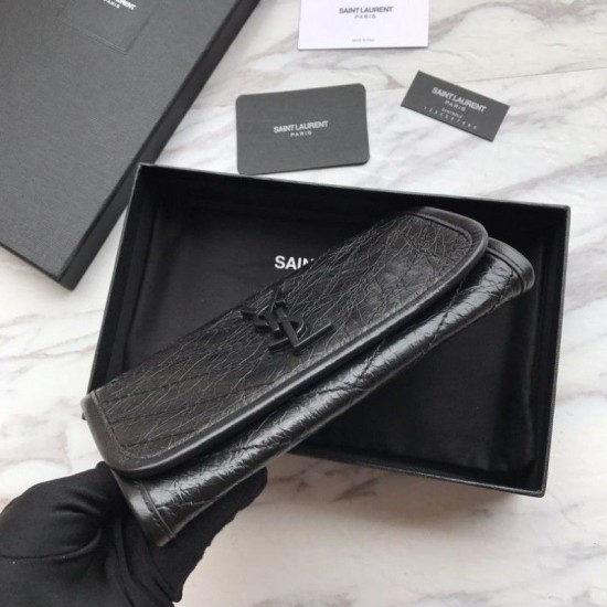 Fake YSL Saint Laurent Niki Large Wallet Crinkled Vintage Leather Black Replica