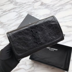 Fake YSL Saint Laurent Niki Large Wallet Crinkled Vintage Leather Black Replica
