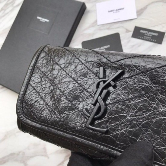 Fake YSL Saint Laurent Niki Large Wallet Crinkled Vintage Leather Black Replica