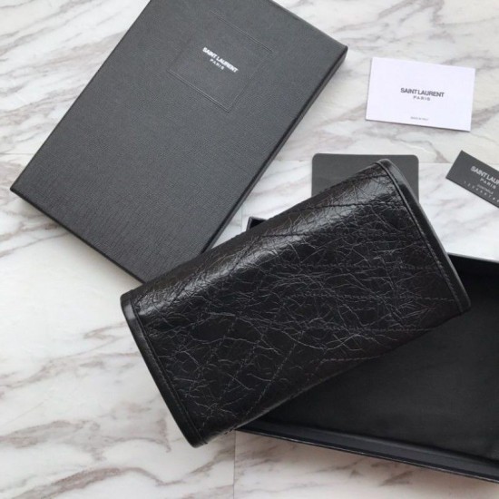 Fake YSL Saint Laurent Niki Large Wallet Crinkled Vintage Leather Black Replica