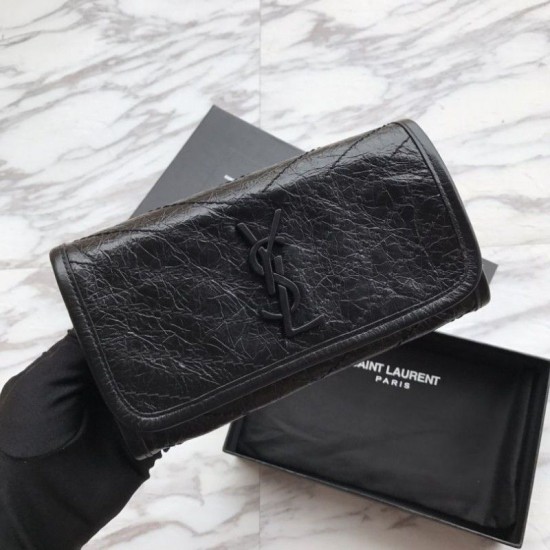 Fake YSL Saint Laurent Niki Large Wallet Crinkled Vintage Leather Black Replica