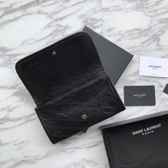 Fake YSL Saint Laurent Niki Large Wallet Crinkled Vintage Leather Black Replica