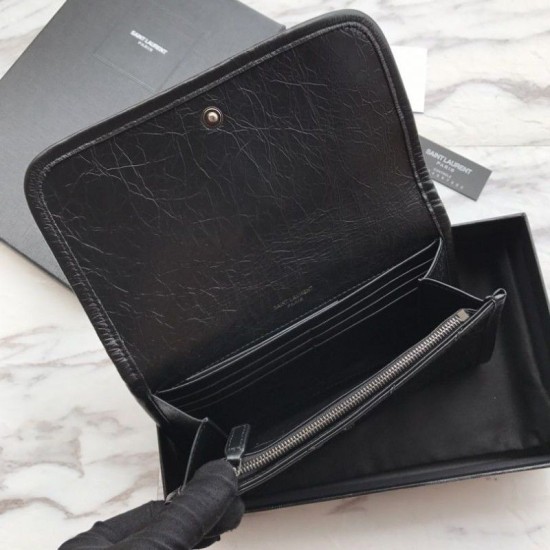 Fake YSL Saint Laurent Niki Large Wallet Crinkled Vintage Leather Black Replica