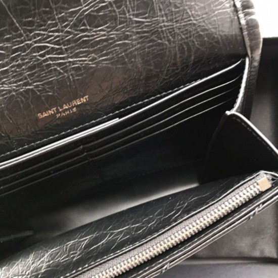 Fake YSL Saint Laurent Niki Large Wallet Crinkled Vintage Leather Black Replica