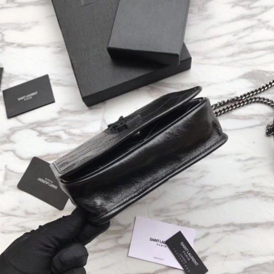 Replica YSL Saint Laurent Niki Chain Wallet Crinkled Vintage Leather Black