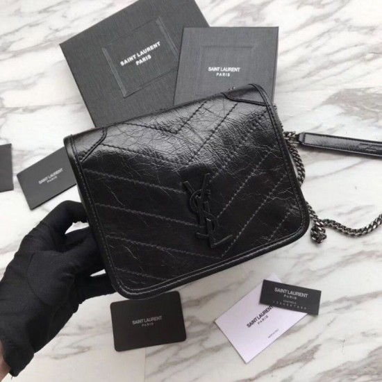 Replica YSL Saint Laurent Niki Chain Wallet Crinkled Vintage Leather Black