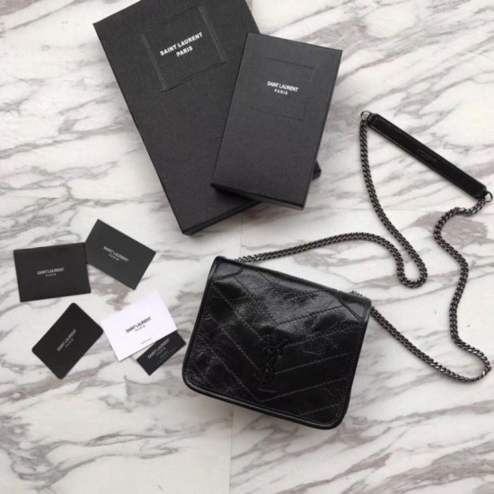 Replica YSL Saint Laurent Niki Chain Wallet Crinkled Vintage Leather Black