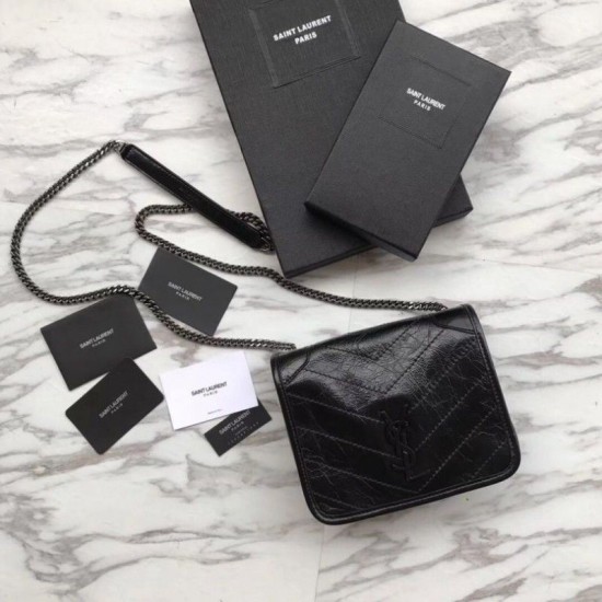 Replica YSL Saint Laurent Niki Chain Wallet Crinkled Vintage Leather Black
