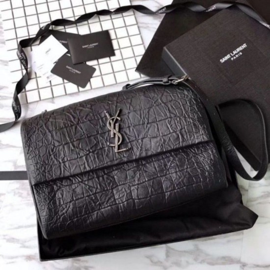 Fake Saint Laurent Medium West Hollywood Bag in Crocodile Embossed Leather Black Replica