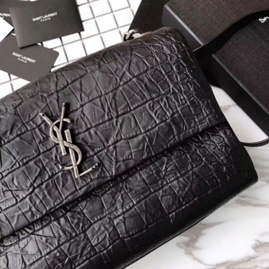 Fake Saint Laurent Medium West Hollywood Bag in Crocodile Embossed Leather Black Replica