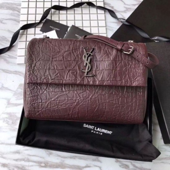 Fake Saint Laurent Medium West Hollywood Bag in Crocodile Embossed Leather Bordeaux Replica