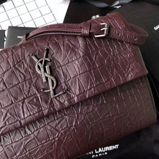 Fake Saint Laurent Medium West Hollywood Bag in Crocodile Embossed Leather Bordeaux Replica