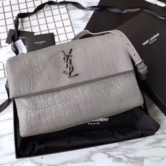 Fake Saint Laurent Medium West Hollywood Bag in Crocodile Embossed Leather Gray Replica