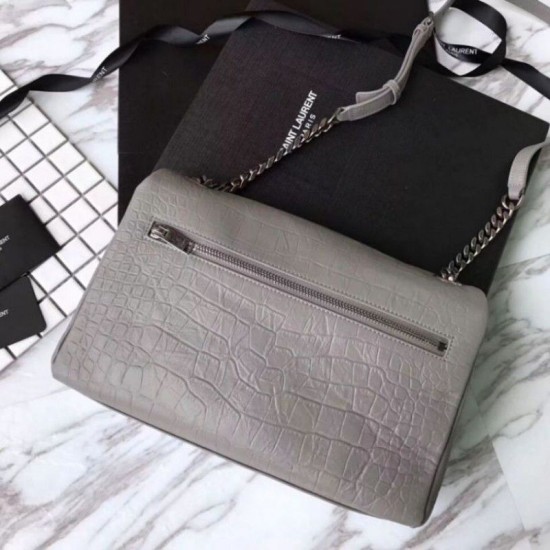 Fake Saint Laurent Medium West Hollywood Bag in Crocodile Embossed Leather Gray Replica