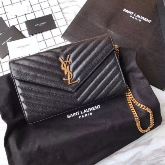 Replica YSL Saint Laurent Grained Matelasse Chain Wallet Black