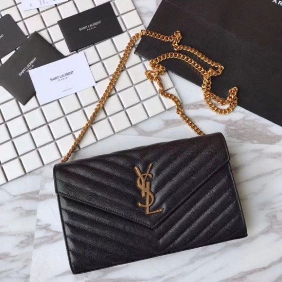 Replica YSL Saint Laurent Grained Matelasse Chain Wallet Black