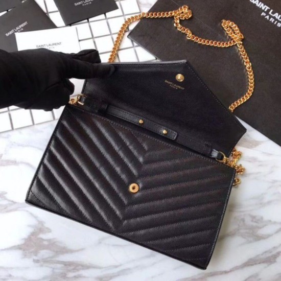 Replica YSL Saint Laurent Grained Matelasse Chain Wallet Black
