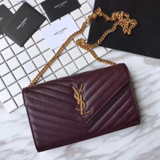 Fake YSL Saint Laurent Grained Matelasse Chain Wallet Claret Replica