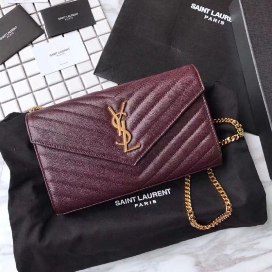 Fake YSL Saint Laurent Grained Matelasse Chain Wallet Claret Replica