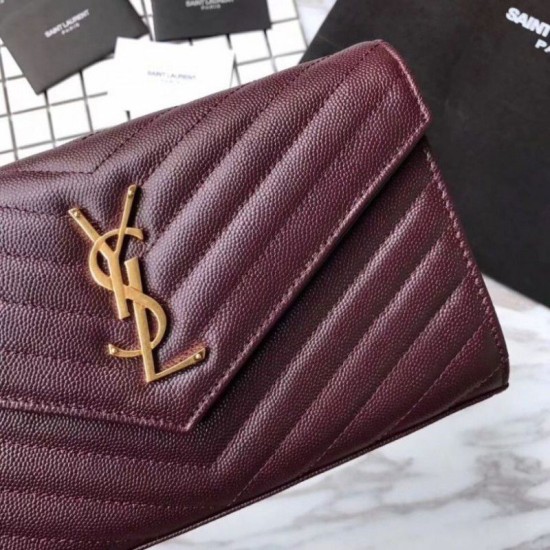 Fake YSL Saint Laurent Grained Matelasse Chain Wallet Claret Replica