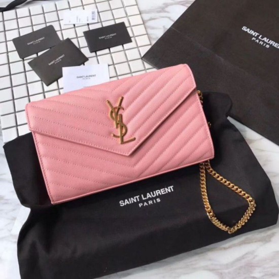 Fake YSL Saint Laurent Grained Matelasse Chain Wallet Rose Replica