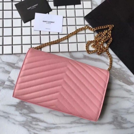 Fake YSL Saint Laurent Grained Matelasse Chain Wallet Rose Replica