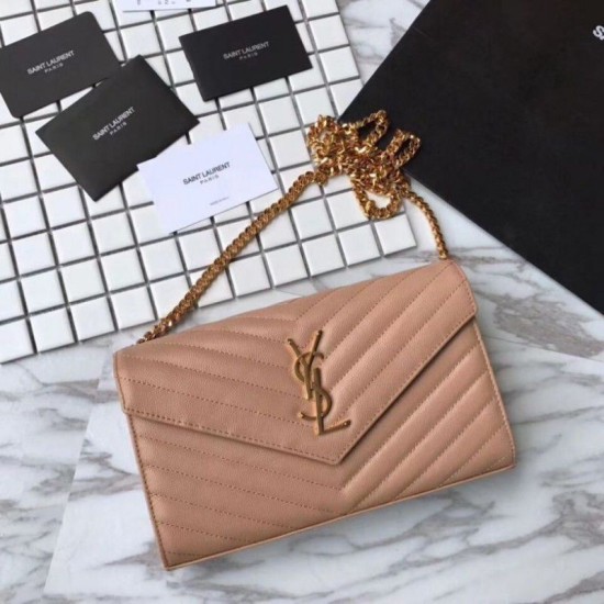 Fake YSL Saint Laurent Grained Matelasse Chain Wallet Yellow Replica