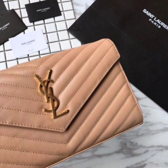 Fake YSL Saint Laurent Grained Matelasse Chain Wallet Yellow Replica